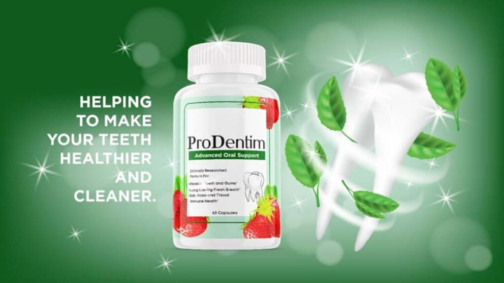 ProDentim supplement bottle with bold text highlighting scam or relief claim