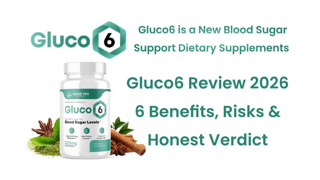 Gluco6 blood sugar supplement bottle with natural ingredients on wooden table