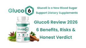 Gluco6 blood sugar supplement bottle with natural ingredients on wooden table